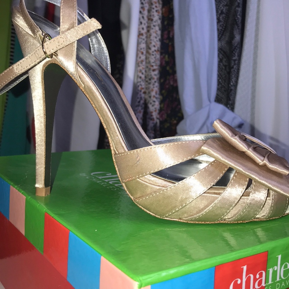 Champagne satin open toe ankle wrap sandal